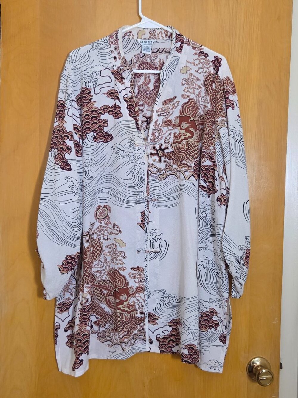 Citron Santa Monica 100% Silk Button Up Tunic Blouse Womens 3X Asian Dragon